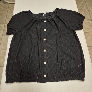 Chic Black Eyelet Button-Front Blouse
